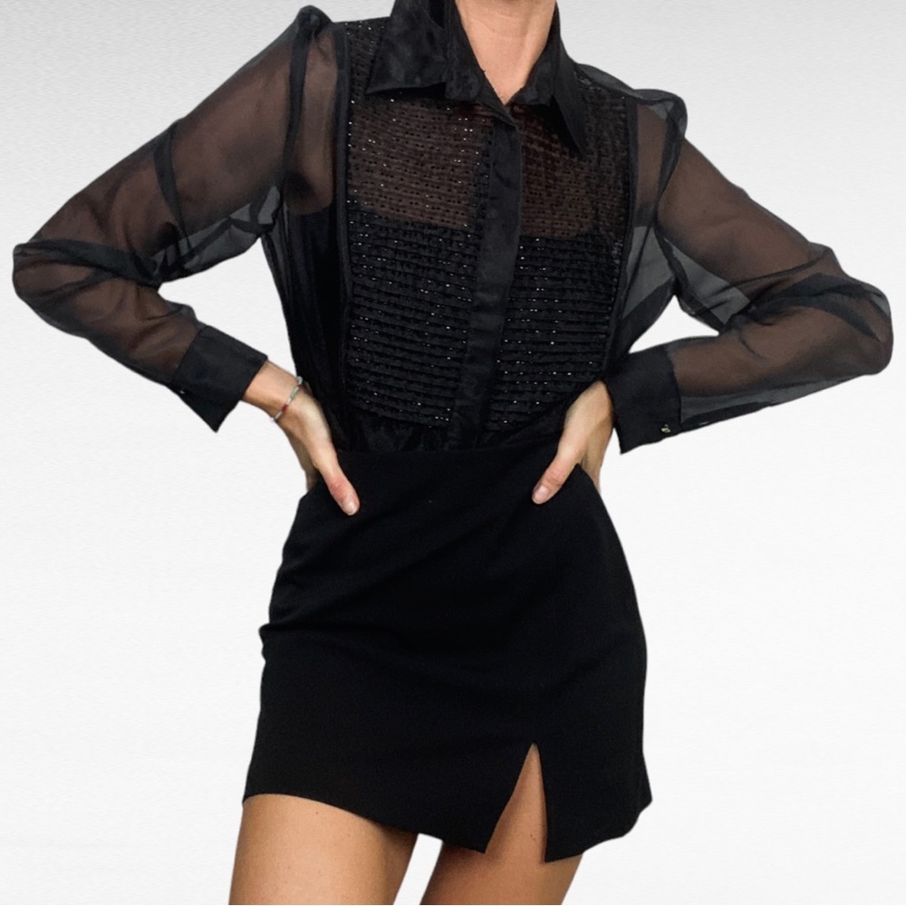 VINTAGE | Nygard Collection | Black Beaded Sheer Elegant Tuxedo Y2K Glam Shirt